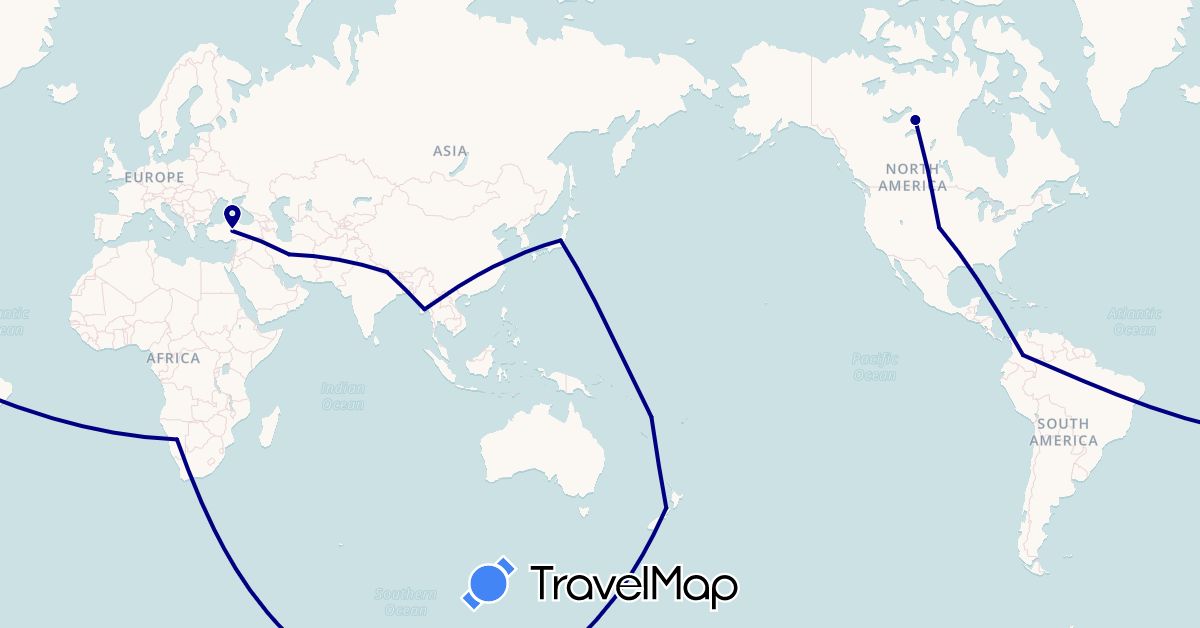 TravelMap itinerary: driving in Canada, Colombia, Iran, Japan, Myanmar (Burma), Namibia, Nepal, New Zealand, Turkey, United States, Vanuatu (Africa, Asia, North America, Oceania, South America)
